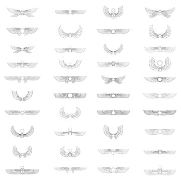 vector monochrome icon set with ancient egyptian symbol Winged sun for your project