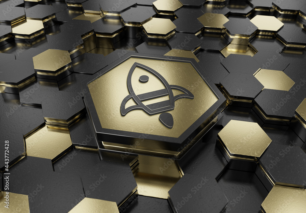 Poster Spaceship icon innovation concept engraved on gold metal hexagonal pedestral background. Rocket startup logo glowing on abstract digital surface. 3d rendering