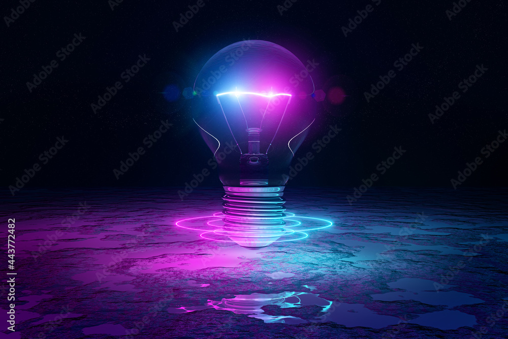 Aufkleber lightbulb illuminating reflecting floor with blue and pink neon light 3d rendering