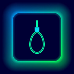 Glowing neon line Gallows rope loop hanging icon isolated on black background. Rope tied into noose. Suicide, hanging or lynching. Colorful outline concept. Vector