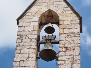 campanario con dos campanas de bronce, santuario convento de la sierra de montblanch, tarragona, españa, europa
