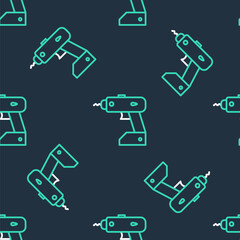 Line Electric cordless screwdriver icon isolated seamless pattern on black background. Electric drill machine. Repair tool. Vector