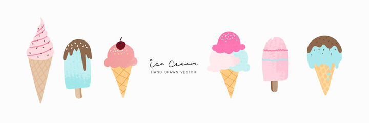 Watercolor vintage set of ice cream. Hand drawn isolated objects for cute food.
