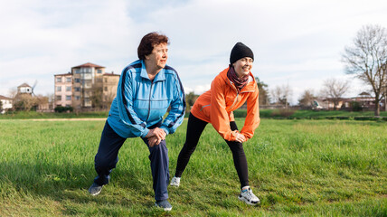 Fototapeta premium Smiling grandmother and granddaughter doing sports warm-up together it the park. Old and young women in sports clothes do a stretching. International Day of Older Persons. Healthy lifestyle concept