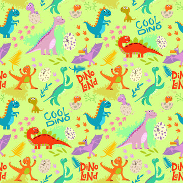 Cute colored dinosaurus seamless pattern vector design. Illustration of seamless background dino, animal dinosaur character. Sketch reptiles. Wrapping paper, textile, baby clothes, background fill.