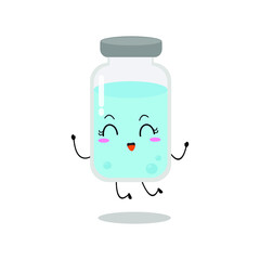 Cute vector of vaccine bottle character. Vaccination fight coronavirus (2019-nCoV), Alcohol gel for against COVID-19, Protection from viruses attack, smile and jump, isolated on white background 