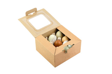 Chicken eggs in tray isolated on white background. Nine eggs