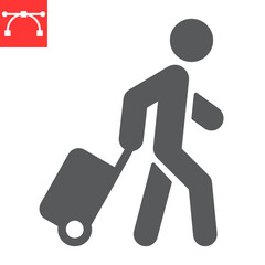 Person pulling luggage glyph icon, migration and tourist, passenger with rolling bag vector icon, vector graphics, editable stroke solid sign, eps 10.