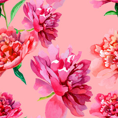Pink and red peonies watercolor isolated on light pink background seamless pattern for all prints.