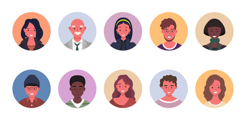 People avatar bundle set. User portraits in circles. Different human face icons. Male and female characters. Smiling men and women characters. Flat cartoon style vector illustration
