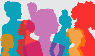 Silhouette profile group of women of diverse culture. Diversity multi-ethnic and multiracial people. Racial equality, anti-racism. Multicultural society. The concept of women, femininity, diversity.