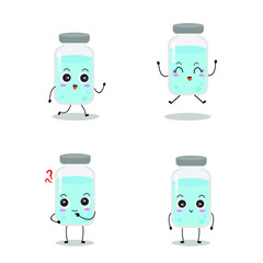 Cute vector of vaccine bottle character. Vaccination fight coronavirus (2019-nCoV), Alcohol gel for against COVID-19, Protection from viruses attack, happy, collection, isolated on white background 