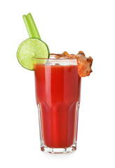 Glass of bloody mary cocktail garnished with bacon on white background