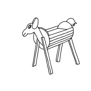 Beautiful hand-drawn black vector illustration of one toy wooden horse for flowers isolated on a white background for coloring book for children