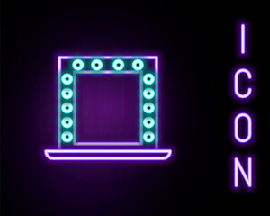 Fototapeta premium Glowing neon line Makeup mirror with lights icon isolated on black background. Colorful outline concept. Vector
