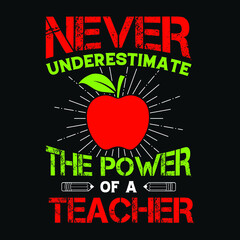 Never underestimate the power of a teacher - Teacher quotes t shirt, typographic, vector graphic or poster design.
