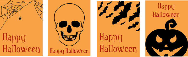 Collection of minimalistic horror-themed art posters with text Happy Halloween. Skull, spider, bats and pumpkin on orange background