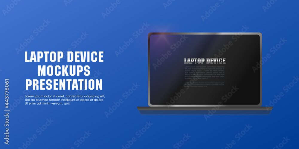 Poster realistic laptop with blank black screen. laptop isolated template for web and mobile applications. 