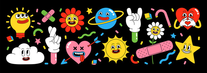 Obraz premium Sticker pack of funny cartoon characters. Vector illustration of comic heart, sun, planet, berry, abstract faces etc.