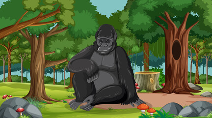 Gorilla in forest or rainforest scene with many trees © blueringmedia