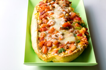 Submarine sandwich roll cut - Sub with tomato, ham, melted cheese and green pepper