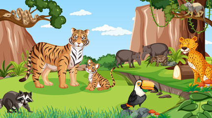 Wild animals in forest scene with many trees