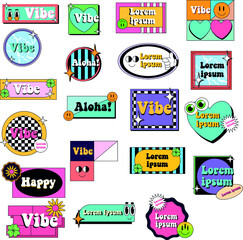 Set of modern slang phrases, words. Quirky cartoon comic style of 80-90s. White background. Vector wallpapers.