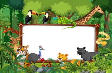 Foto op Plexiglas Blank banner in the rainforest scene with wild animals © blueringmedia