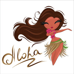 Hawaiian girl dancing hula in a cane skirt. Traditional Hawaiian motive. Vector illustration