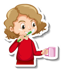 Sticker design with a girl brushing her tooth cartoon character