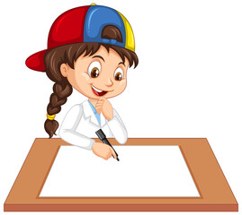 Cute girl wearing scientist uniform writing on blank paper