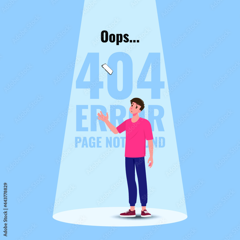 Poster flat error 404 sign layout yellow screen on a mobile phone. the man standing near a floating cell ph