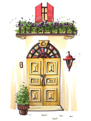 mediterranean streets exterior vintage bright yellow door with lantern and balcony with flowers sketch illustration