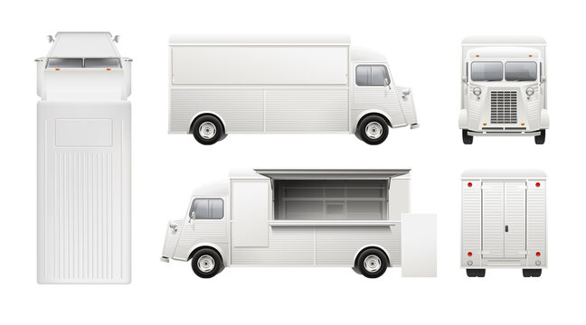 Vector street food truck blank mockup template for Brand Identity. White Cargo truck. Realistic Delivery Service Vehicle isolated on grey background for Advertising design. Food truck with sign