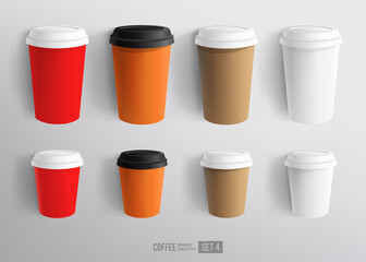 Mockup set of paper and plastic Coffee Cup template for brand identity design. Red, White, Brown cardboard Coffee Cup Mockup. Plastic cup for Hot Drinks