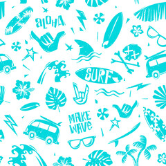 Surfing Summer time doodle style printable seamless pattern. Surfing pattern with tropical elements for print fabric design. Surf grunge design elements for print fabric, t-shirt, summer poster