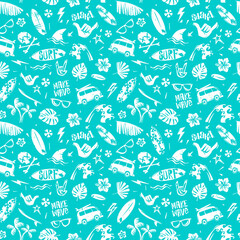 Fototapeta premium Surfing tropical printable seamless pattern. Surfing pattern with summer elements for print fabric design. Surf grunge design elements for print fabric, t-shirt, summer poster