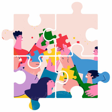 Teamwork and team building, corporate organization and partnership, problem solving, creative solution, innovative business approach, brainstorming, unique ideas and skills flat vector illustration