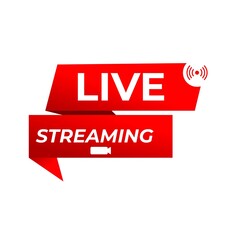Live streaming flat logo - red vector design element with the play button. Vector stock illustration