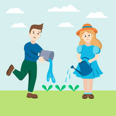 Children grow plants. A boy and a girl are watering the sprouts. Young gardeners. Vector illustration