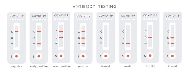 Fototapeta na wymiar Set of Covid-19 Device with Positive, Negative and Invalid Results. Coronavirus antibody diagnostic test. Blood test kit. Rapid strep RST. Rapid antigen detection RADT. Vector flat illustration.