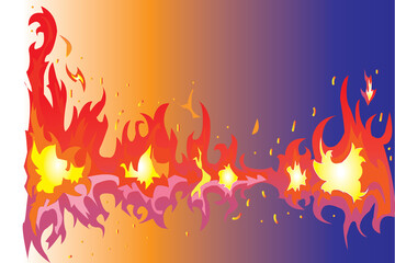 Fireball flames. Red hot fire and campfire silhouette vector set. Burning sparks on blue background(02)