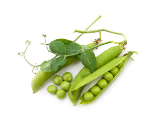 Green pea pods with leaves.