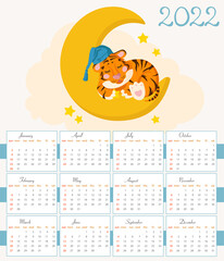 calendar for 2022 with the image of a tiger cub sleeping on the moon surrounded by stars and an asterisk in its paw.
New Year 2022 according to the Chinese calendar. Year of the tiger.
Childrens cute