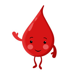 a drop of blood with arms and legs, smiling affably. Blood donor day character. Red drop. vector image on white background