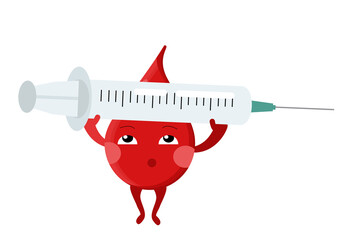 A cute drop of blood with legs and handles holds a syringe over a subwoofer. The concept of the importance of donating blood and avoiding vaccinations.