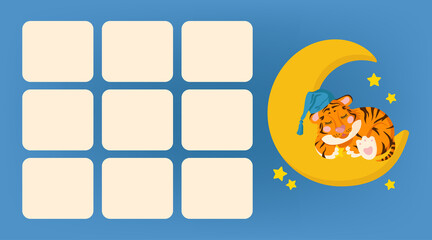Cute glider for baby with a picture of a sleepy tiger on the moon in a nightcap.
schedule of habits, lessons, activities for the child.