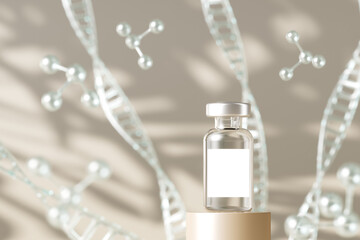 Mockup vaccine bottle on beige platform and molecules background, focus to bottle and blur background and foreground, abstract background for cosmetic presentation or branding. 3d rendering