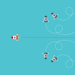 Different Approach - Different Direction. Group of rockets flying in one direction and with one individual flying in the different way, can be used leadership/individuality concepts.