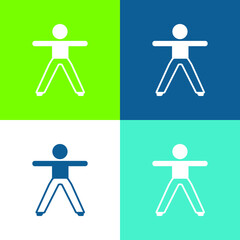 Boy Stretching Both Arms And Legs Flat four color minimal icon set